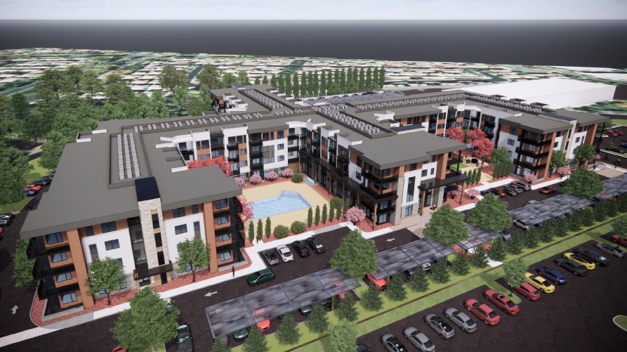 Digital rendering showing an aerial view of the 4 -story green valley 3 apartment project